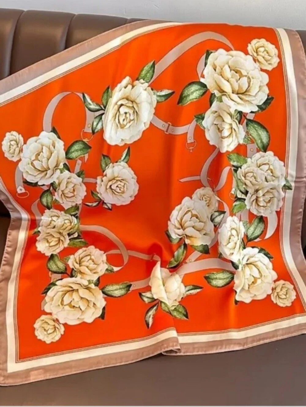 Silk-feel Floral  Scarf with Cream Roses on Orange Head & Neck Scarf